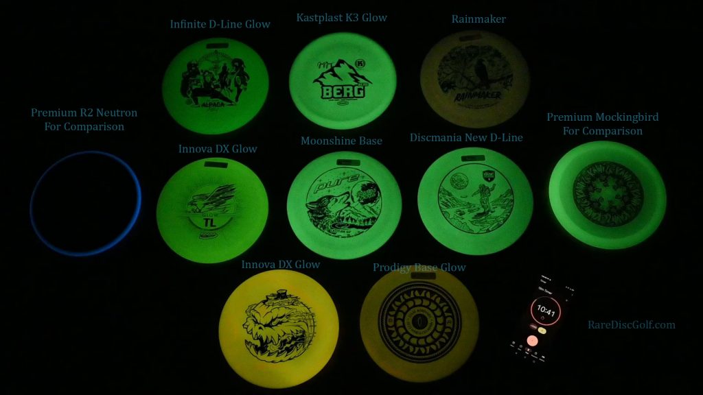A comparison of base plastic glow discs for disc golf use by Rare Discs in 2024. This is the most up to date glow comparison.