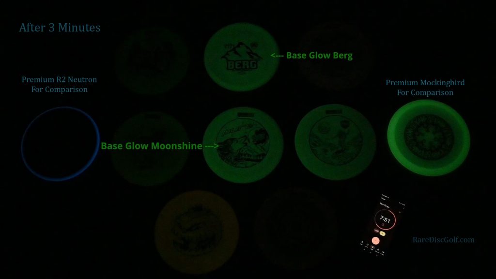 A comparison of base plastic glow discs for disc golf use by Rare Discs in 2024. This is the most up to date glow comparison. After 3 minutes the glow is dimming a lot.