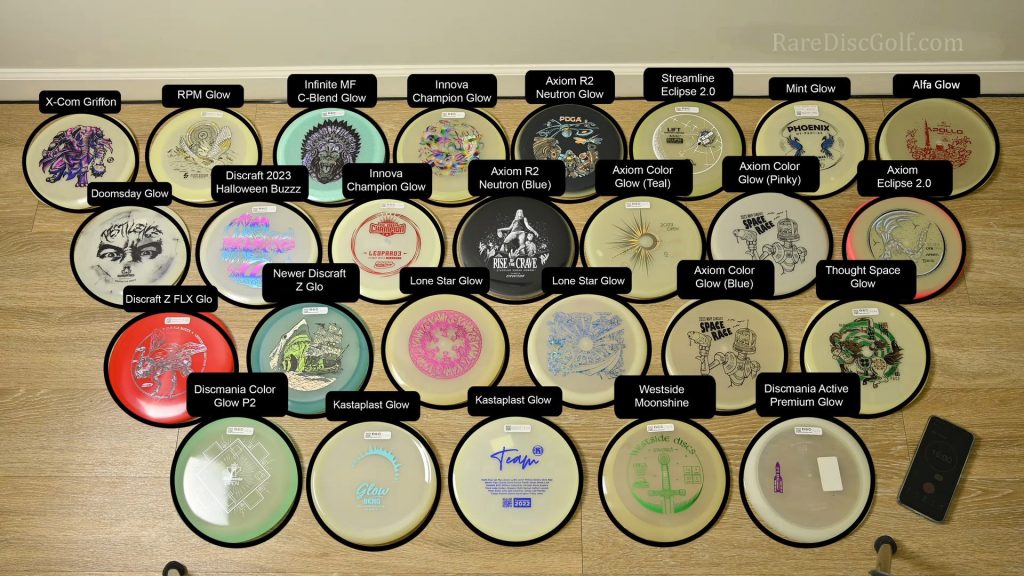 A review comparison of major glow disc golf discs from several brands, such as MVP, Axiom, Streamline, Thought Space, Discmania, Discraft, Innova, Mint, Lone Star, Kastaplast and more. By Rare Discs Disc Golf Store.