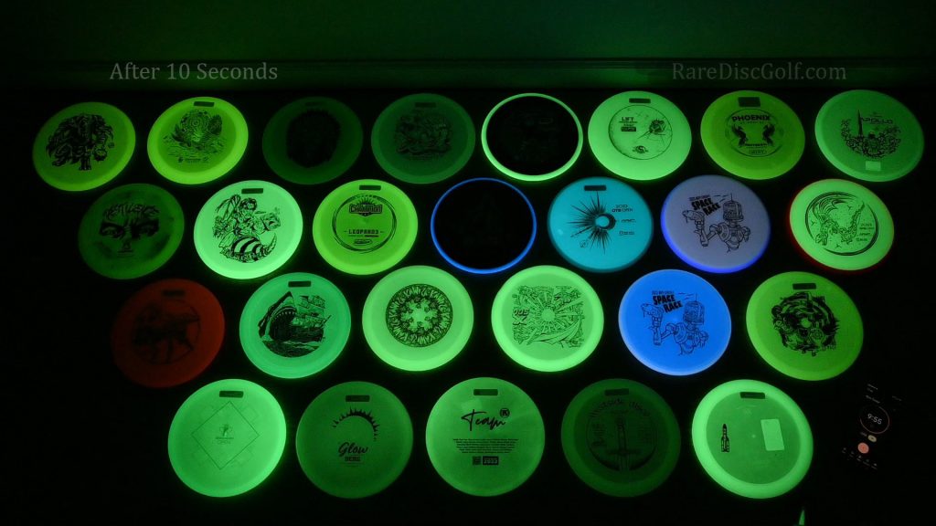 Glow Golf Discs a comparison in 2024 after 10 Seconds by Rare Discs - MVP R2 Neutron, RPM Glow, Infinite Color Glow and more. 