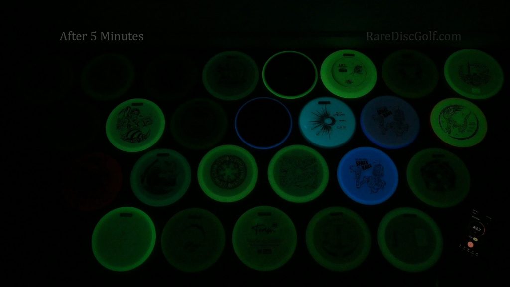 After five minutes, only the brightest and longest lasting discs are still visible on camera. Note that many of the glow discs are not visible on camera but are visible in person ever-so-slightly.